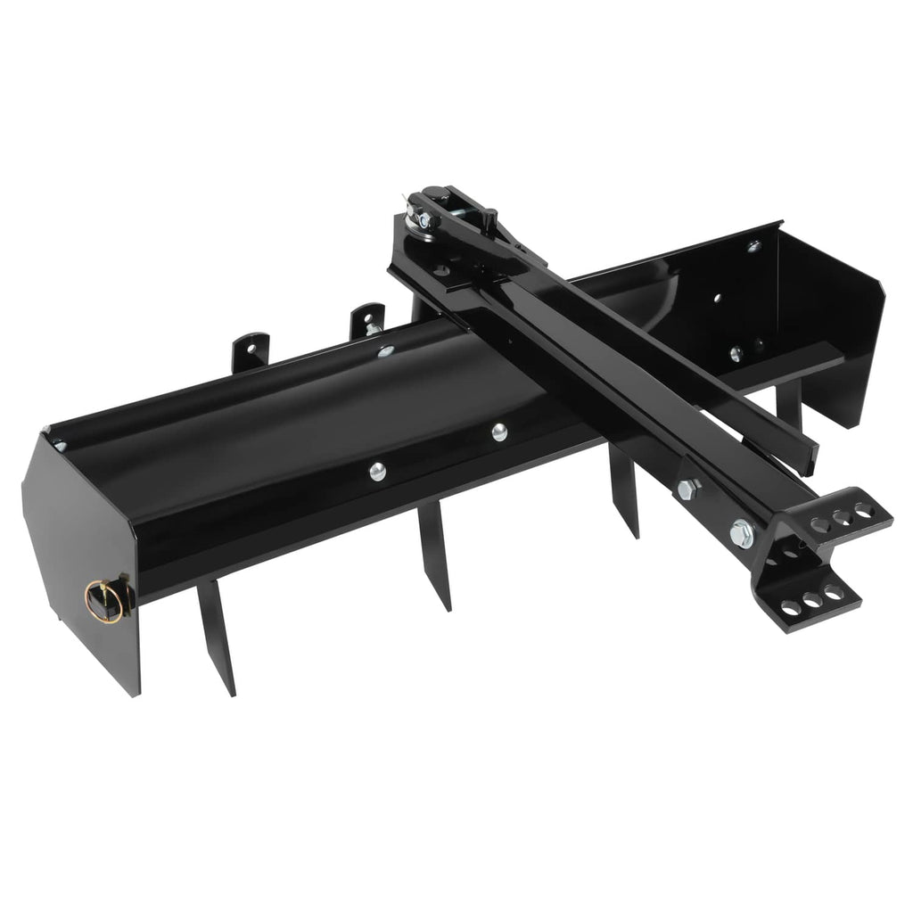 Black steel tow-behind box scraper blade attachment with side tines and hitch linkage