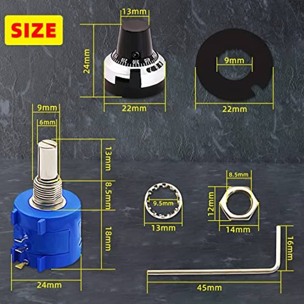 Blue rotary potentiometer with black knob, showing side terminals and hex mounting nut