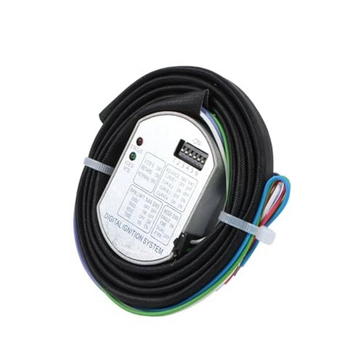 Programmable single-fire ignition module with black harness, silver box, and multicolor leads