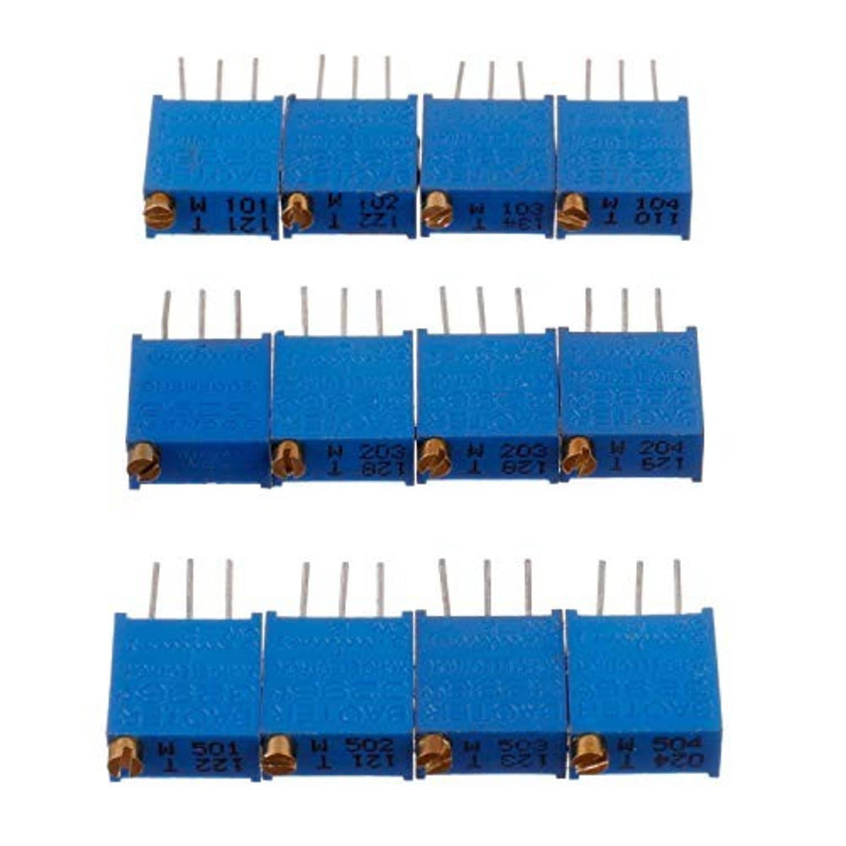 Blue multiturn potentiometers with metal leads, arranged in three rows for the kit