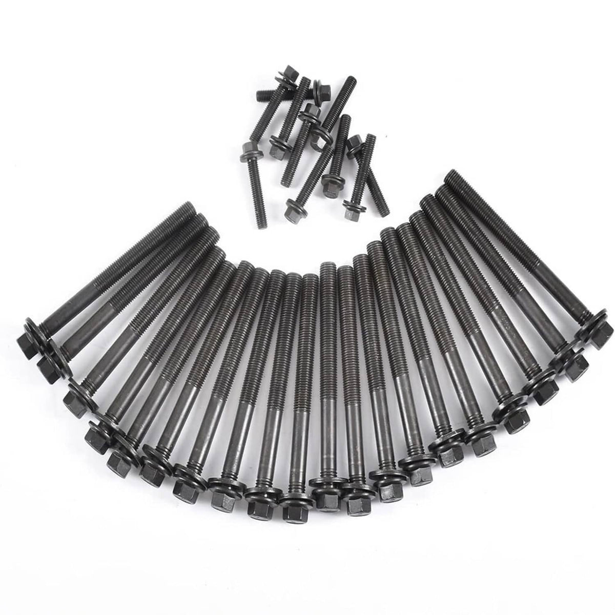 Spring steel timing chain with multiple links and black hardware bolts