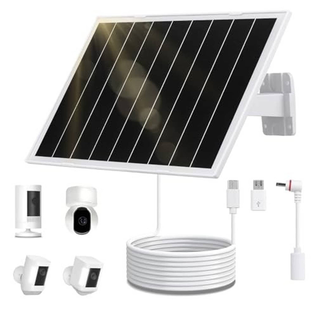 Solar panel charger set with adjustable wall bracket, security camera, and coiled power cable