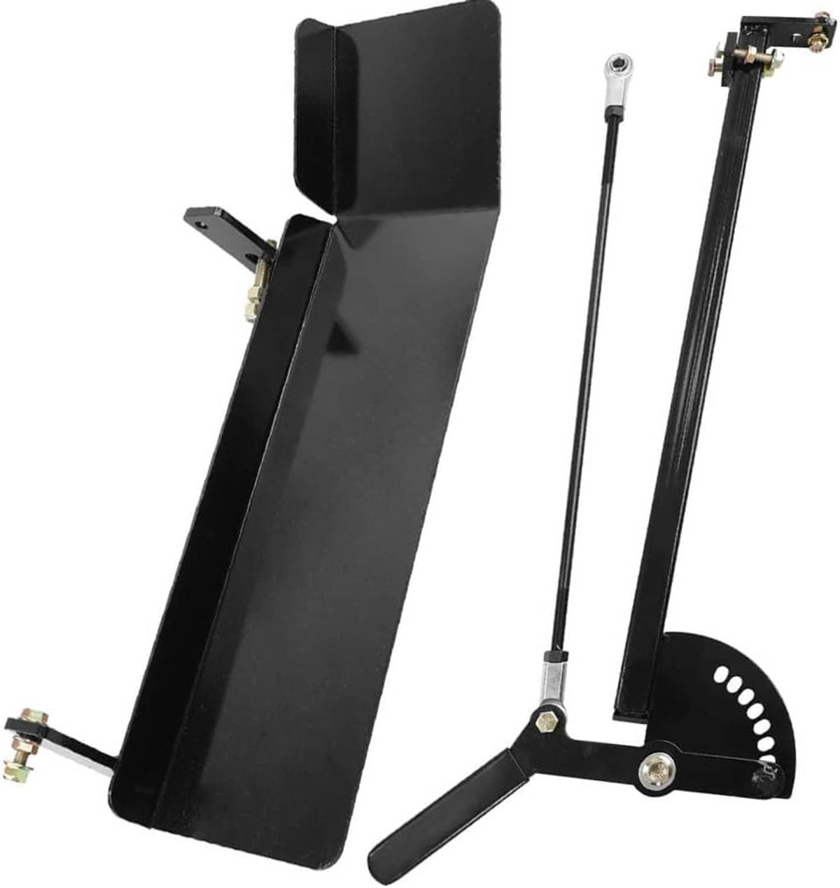 Close-up of black chute blocker with curved discharge shield, mounting hardware, and base