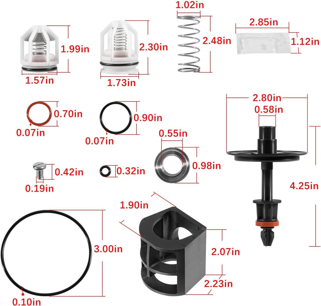 Backflow preventer repair kit parts size chart with seals, rings, spring, and stem dimensions