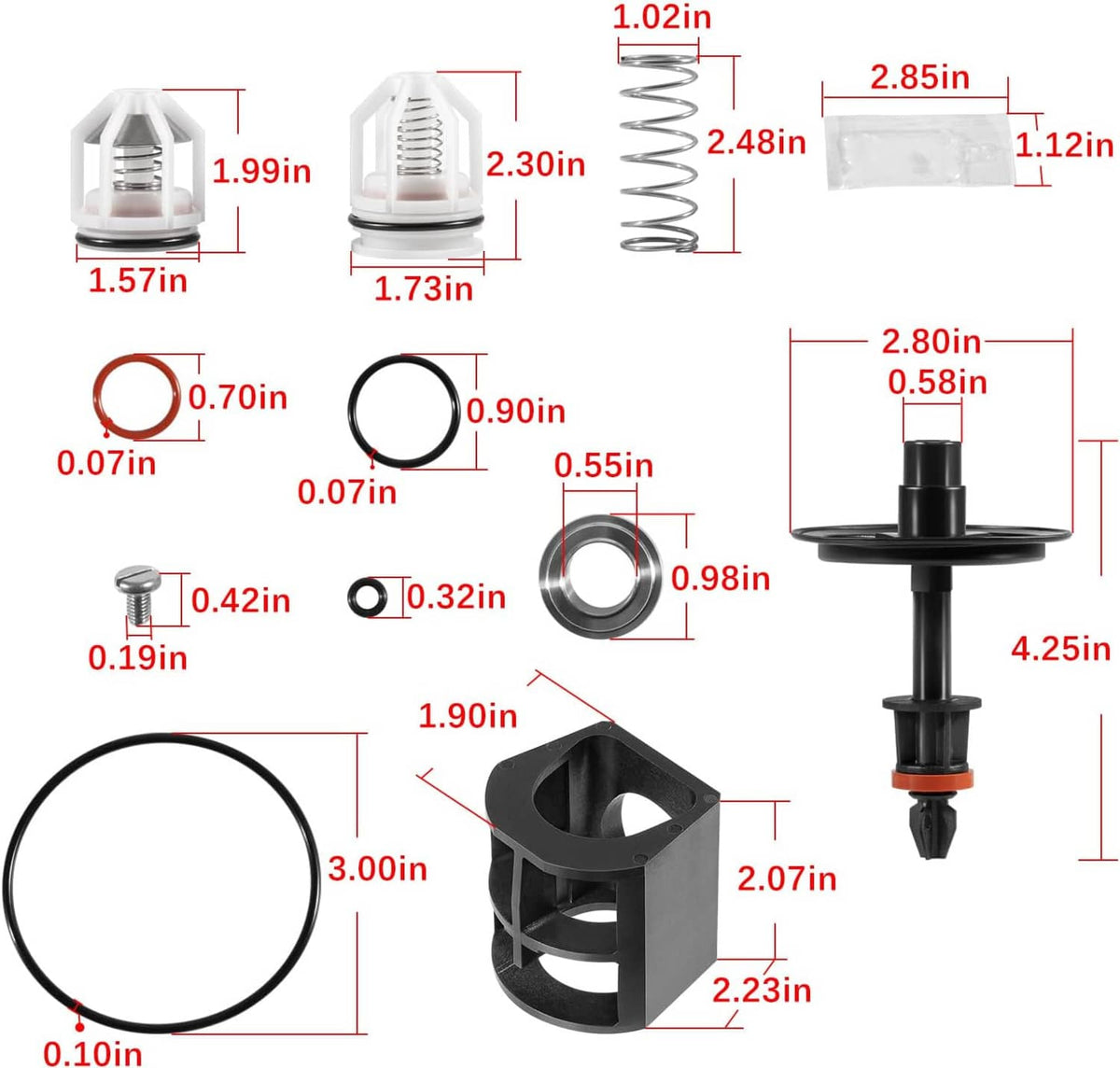 Backflow preventer repair kit parts size chart with seals, rings, spring, and stem dimensions