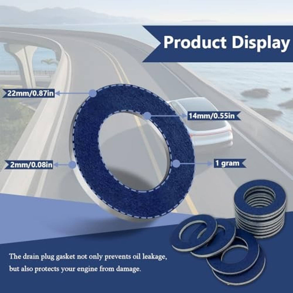 Blue oil drain plug crush washer for sealing, shown with size diagram