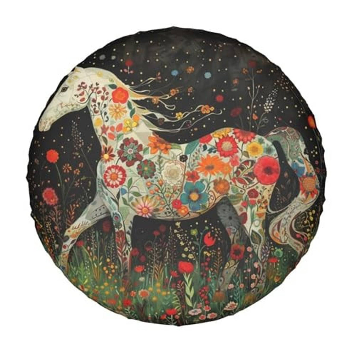 Black round spare tire cover featuring a colorful floral horse illustration