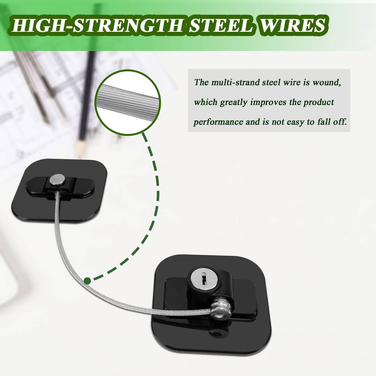 Black refrigerator cable lock set with steel wire cable connecting two padlock housings