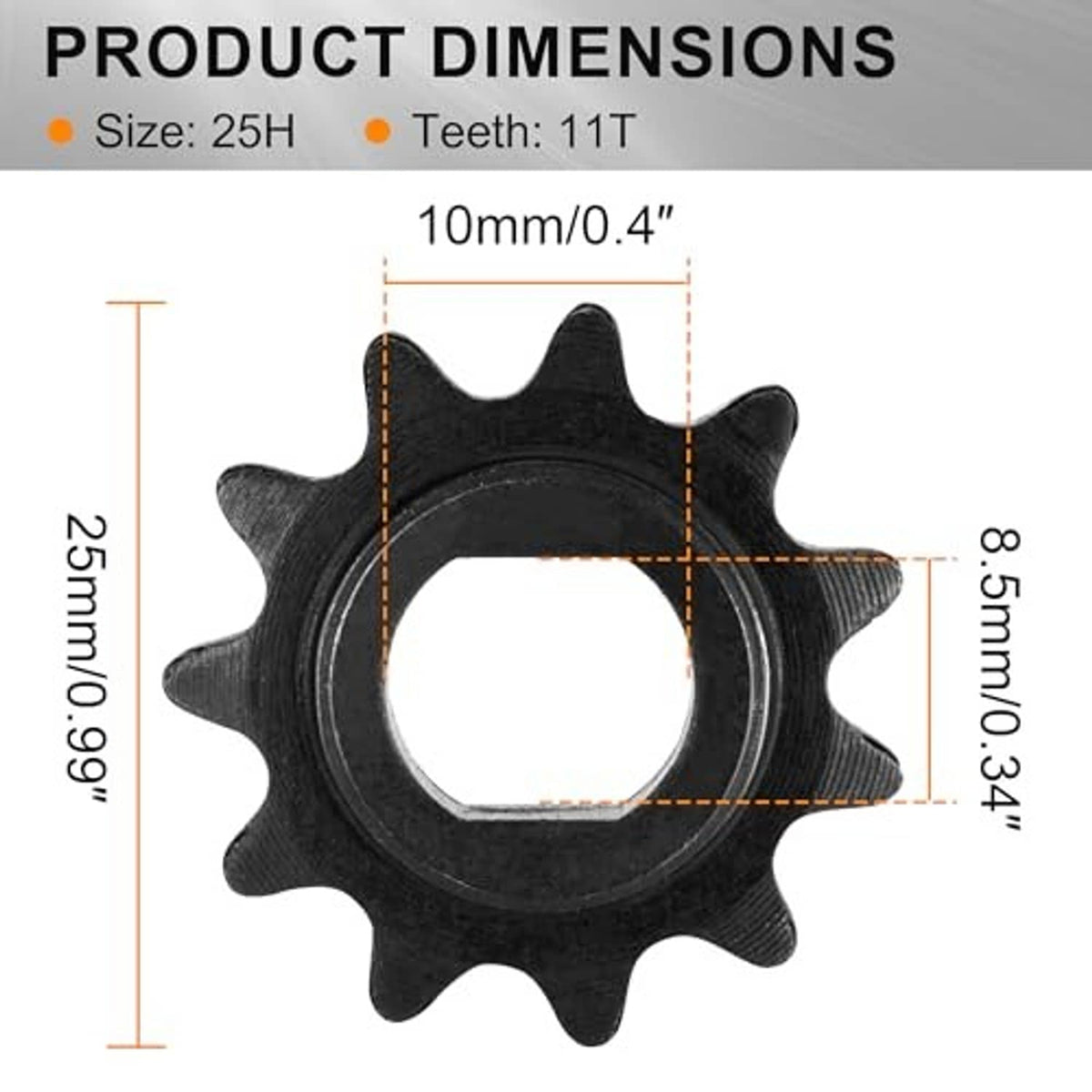 Black 11T motor sprocket gear with center bore and toothed outer ring