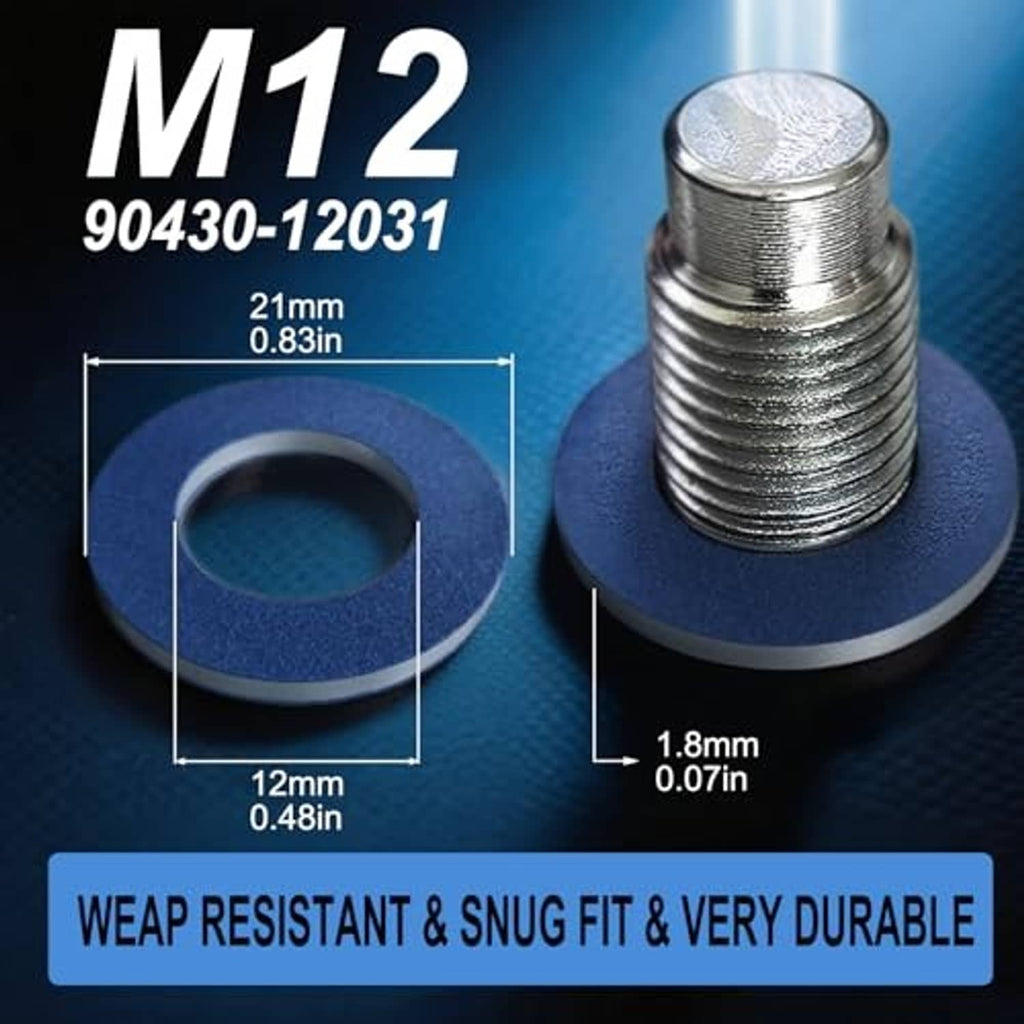 Blue gasket ring and silver metal crush washer with size and thickness markings