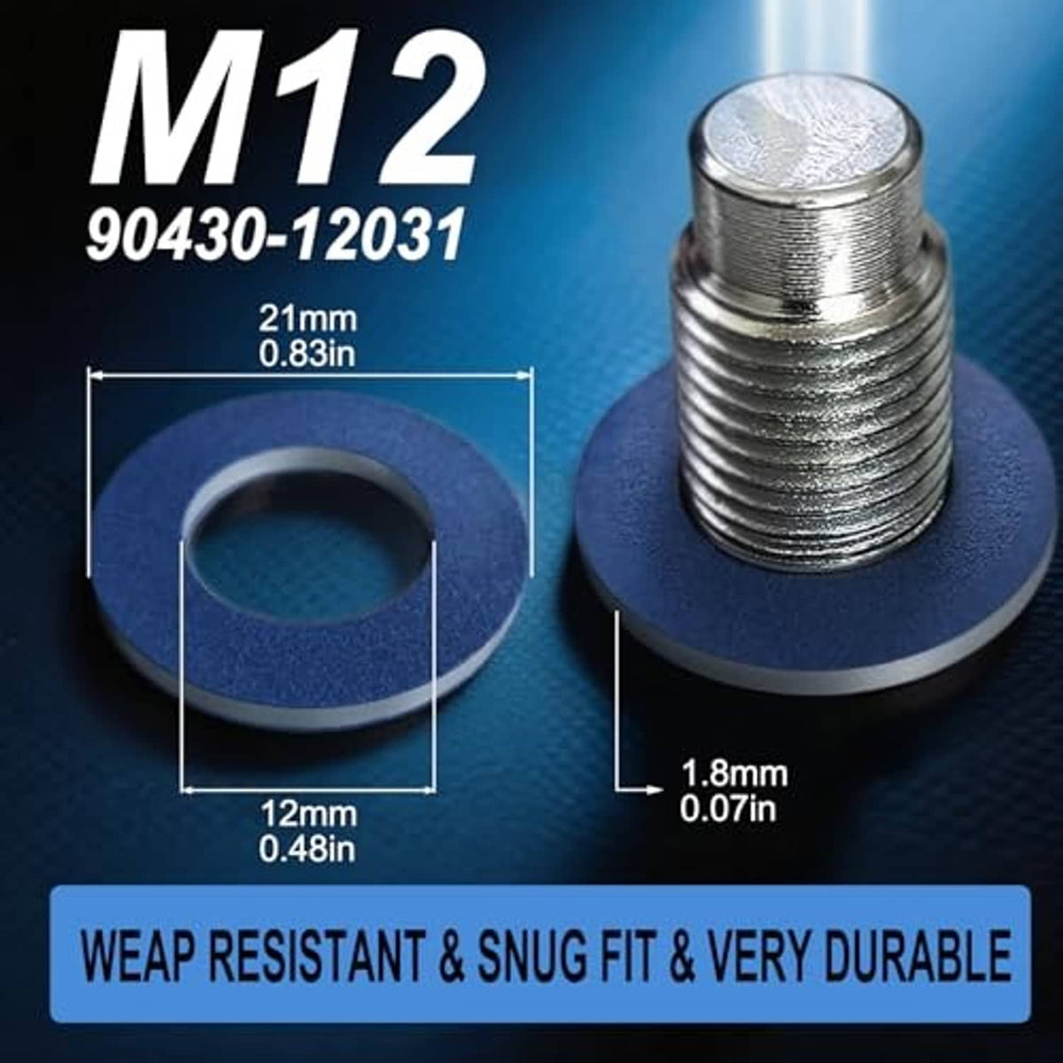 Blue gasket ring and silver metal crush washer with size and thickness markings