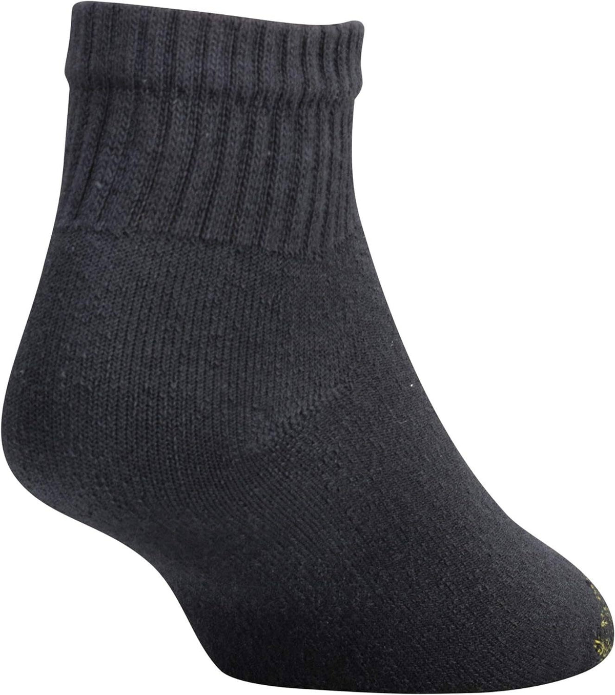 Men's athletic crew sock, dark knit with ribbed cuff and yellow-speckle toe