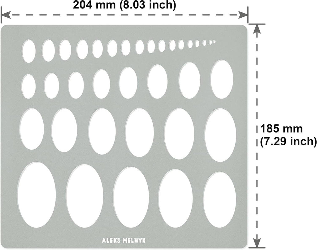 Metal ellipse stencil template with oval cutouts and size markings, ALEKS MELNYK