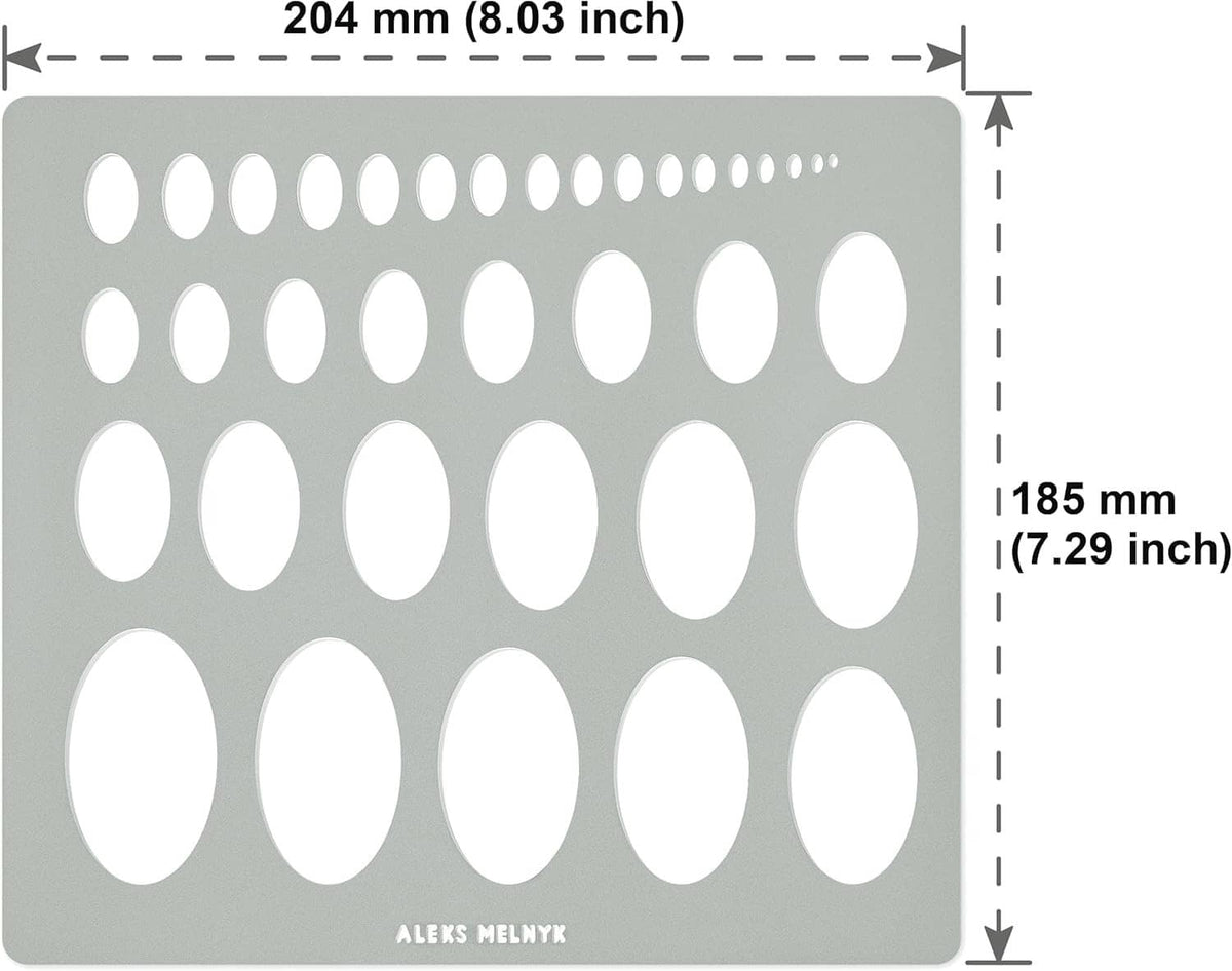 Metal ellipse stencil template with oval cutouts and size markings, ALEKS MELNYK