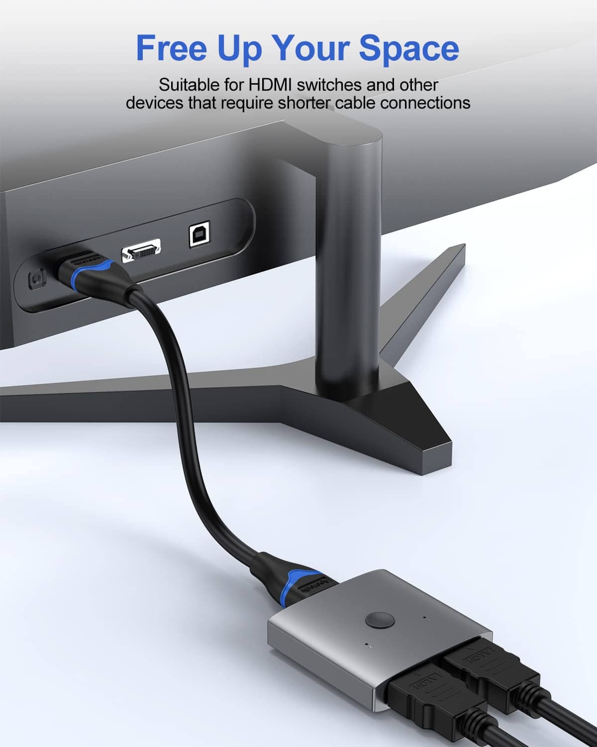 Black HDMI cable with blue grips connecting to a device’s HDMI port.