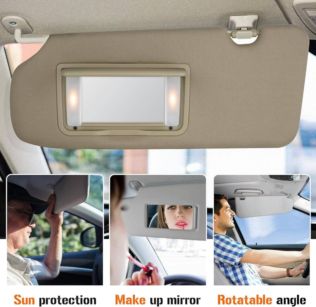 Beige left driver-side sun visor with rectangular LED mirror light panel in close-up