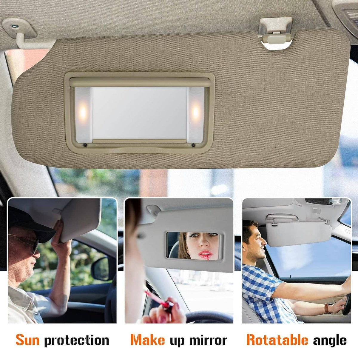 Beige left driver-side sun visor with rectangular LED mirror light panel in close-up