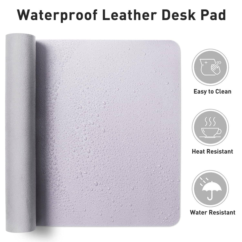 Lavender PU leather desk pad protector with water droplets for water-resistant protection