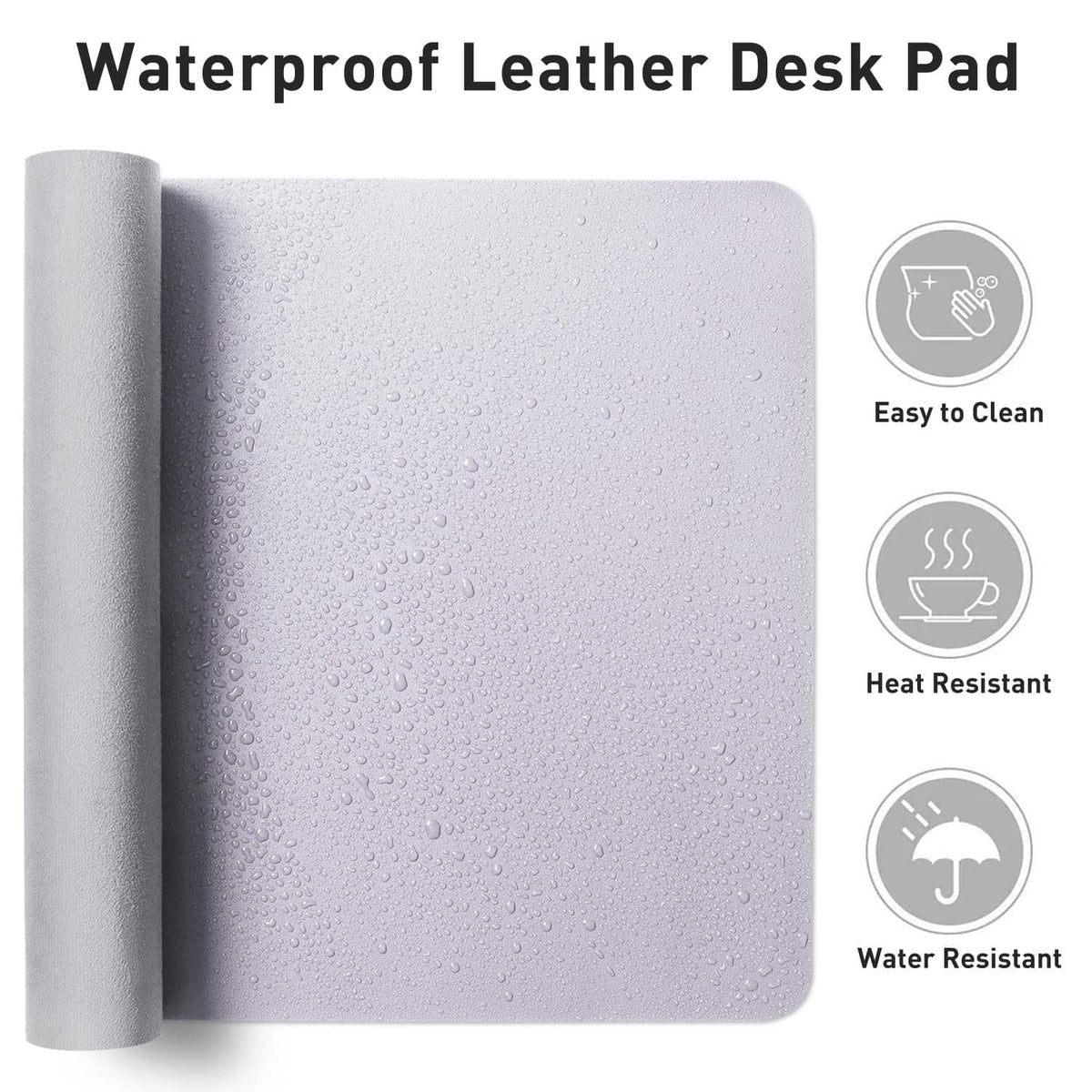 Lavender PU leather desk pad protector with water droplets for water-resistant protection