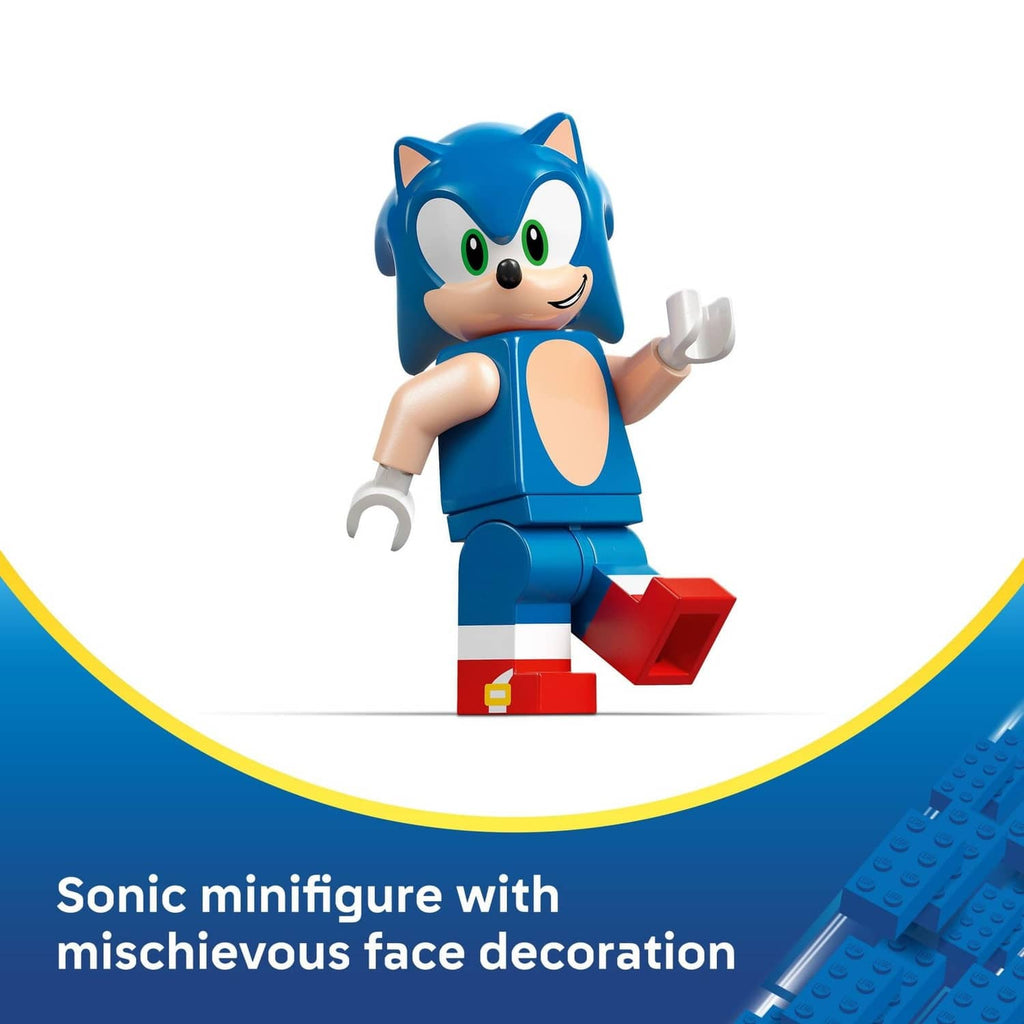Sonic minifigure LEGO character with green eyes and mischievous smile