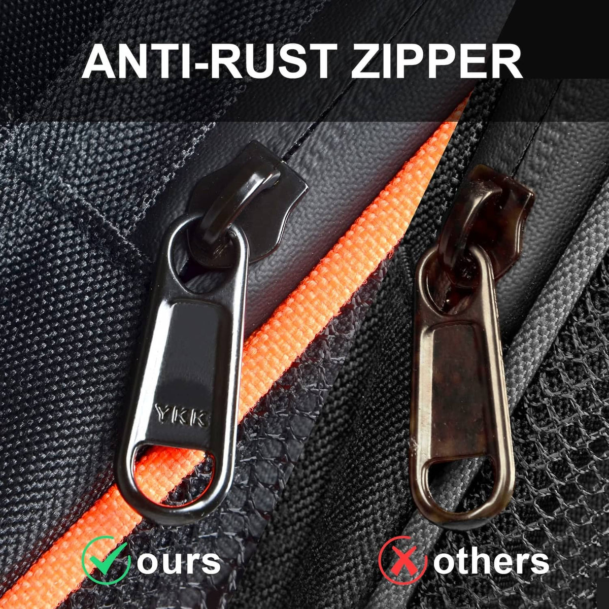 Black seat bag zipper pulls with orange piping, anti-rust hardware detail