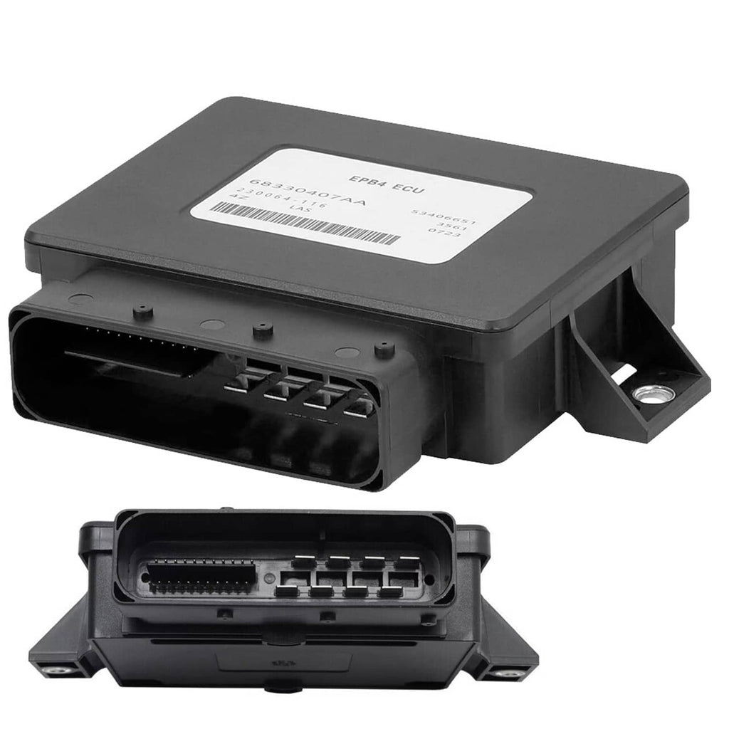 Parking brake control module with electrical connector and mounting brackets, black housing