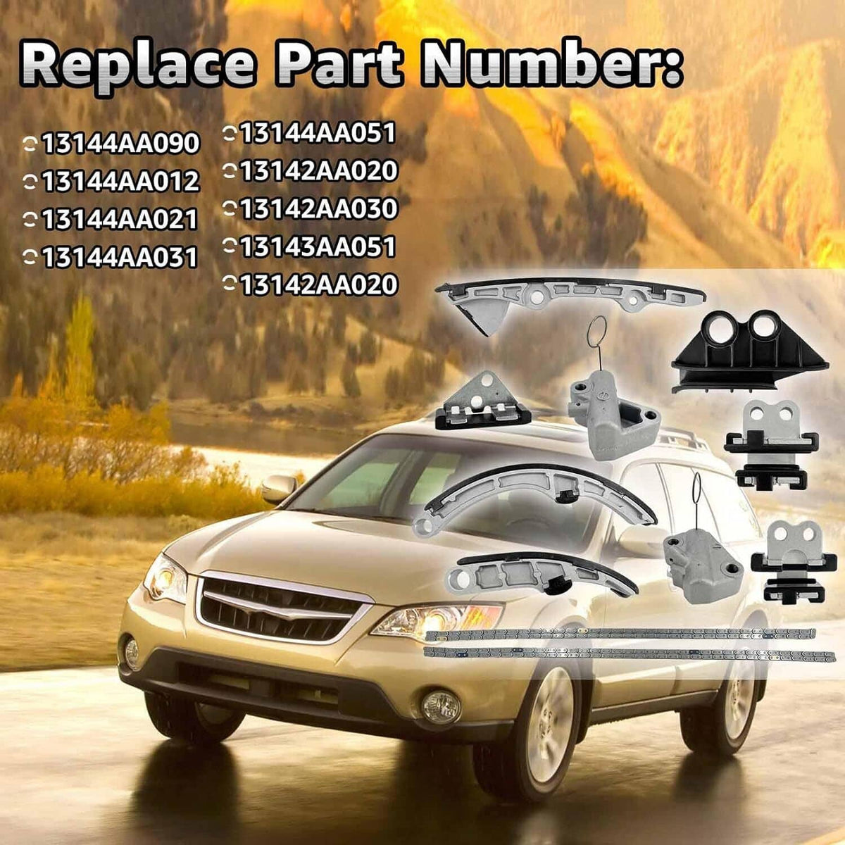 Timing chain kit with timing chains, curved guides, tensioners, and engine mounting pieces