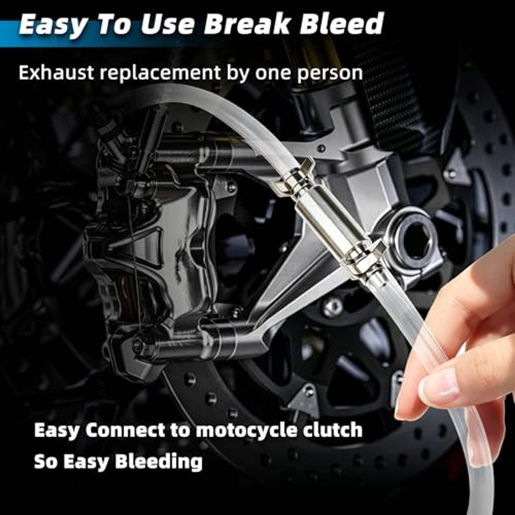 Brake bleeder connector with clear hose line and aluminum clamp for easy bleeding