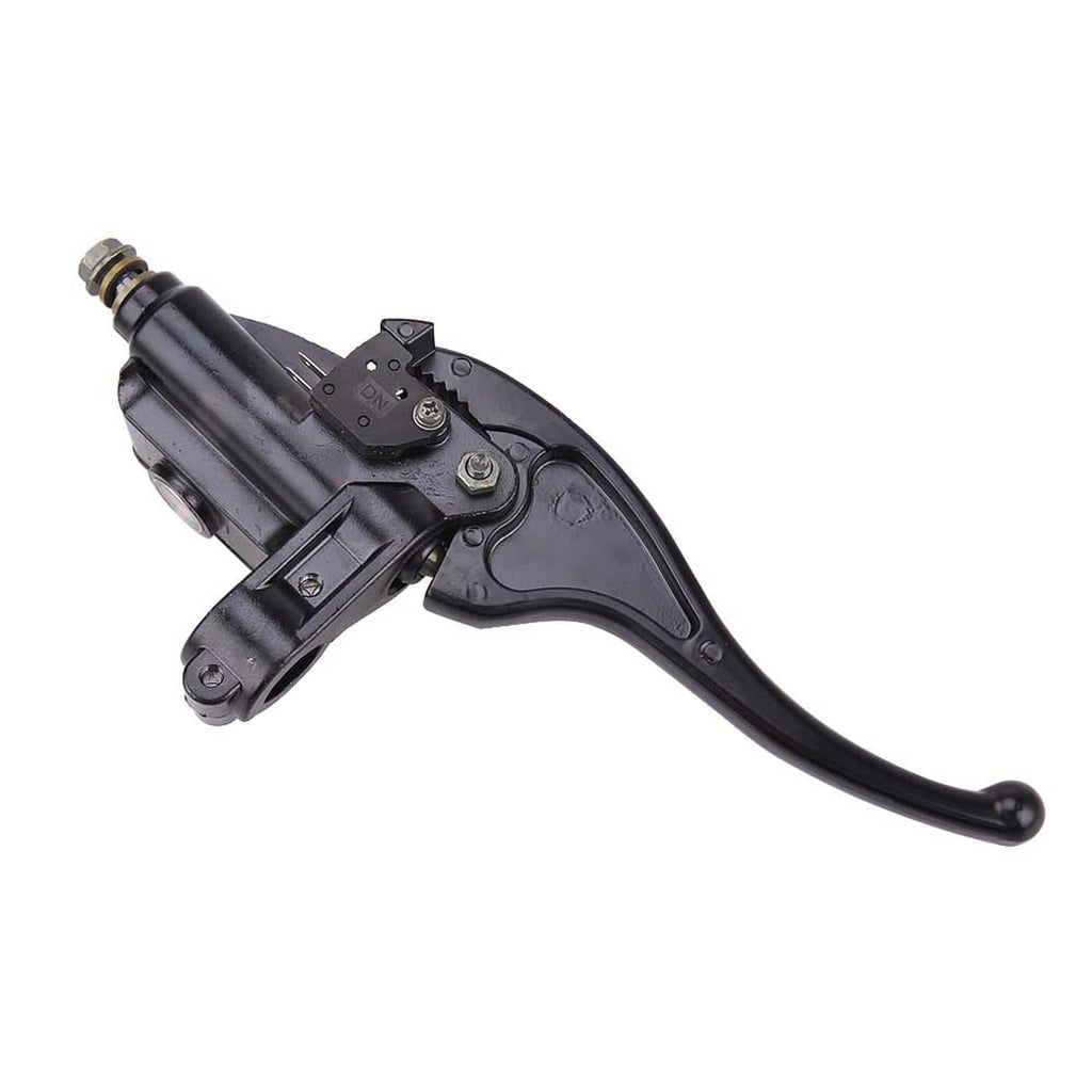 Front brake master cylinder with black lever and fluid reservoir, includes mounting bracket