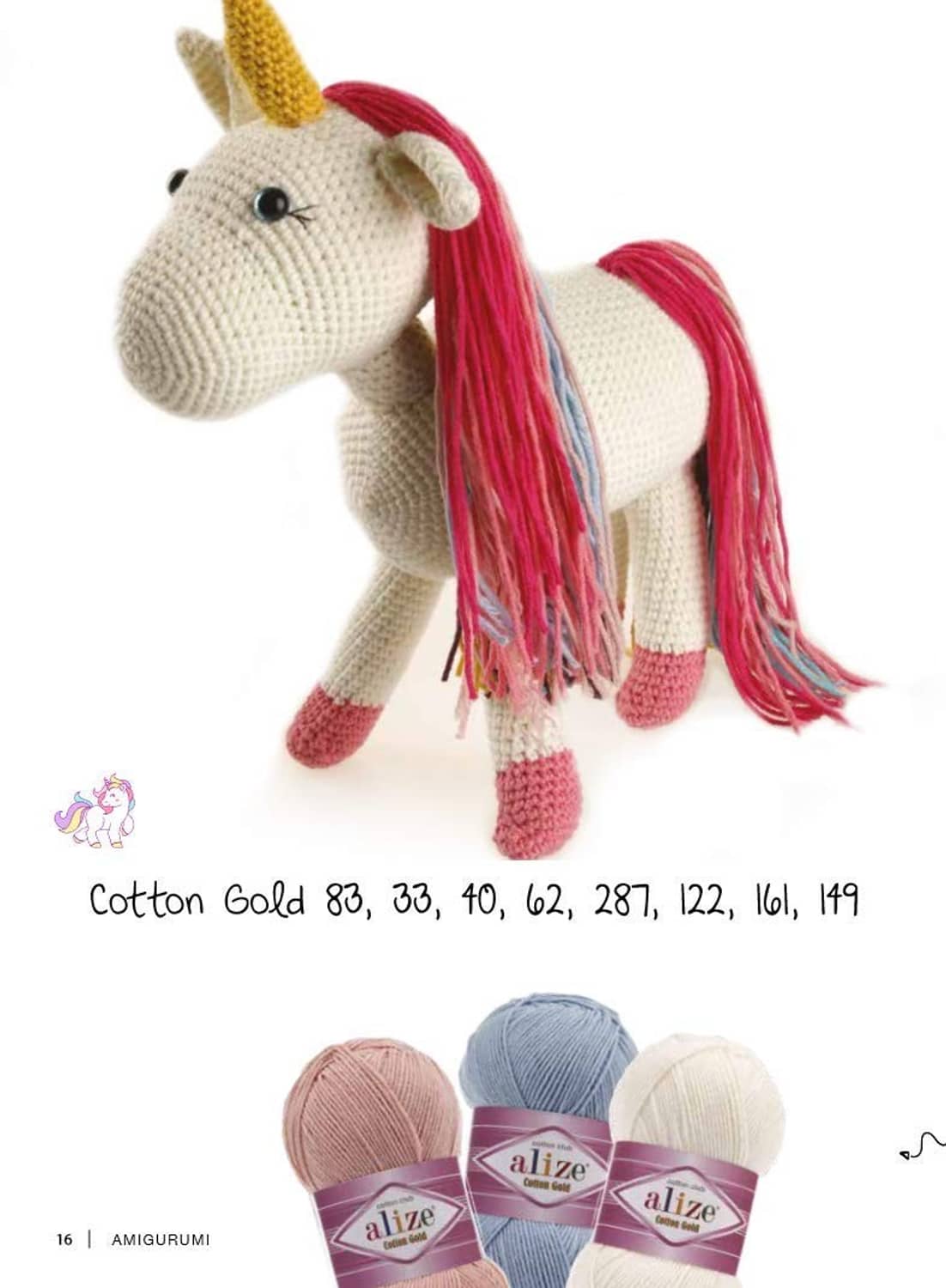Cotton Gold yarn colors with crocheted unicorn plush, red mane and beige body