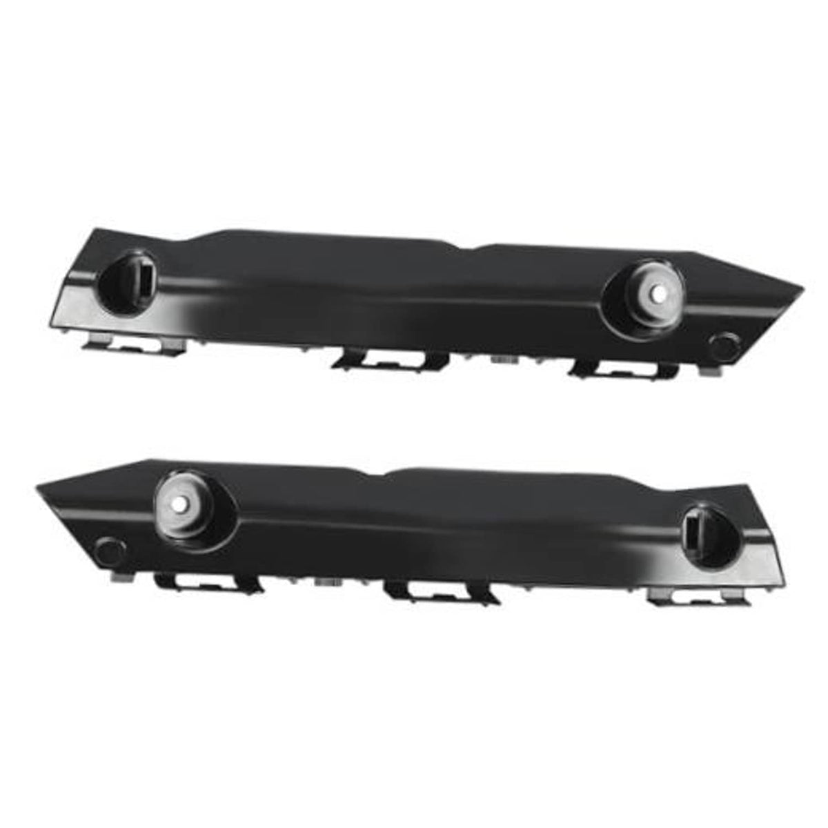 Front bumper bracket pair, black plastic with circular mounting inserts and tabs