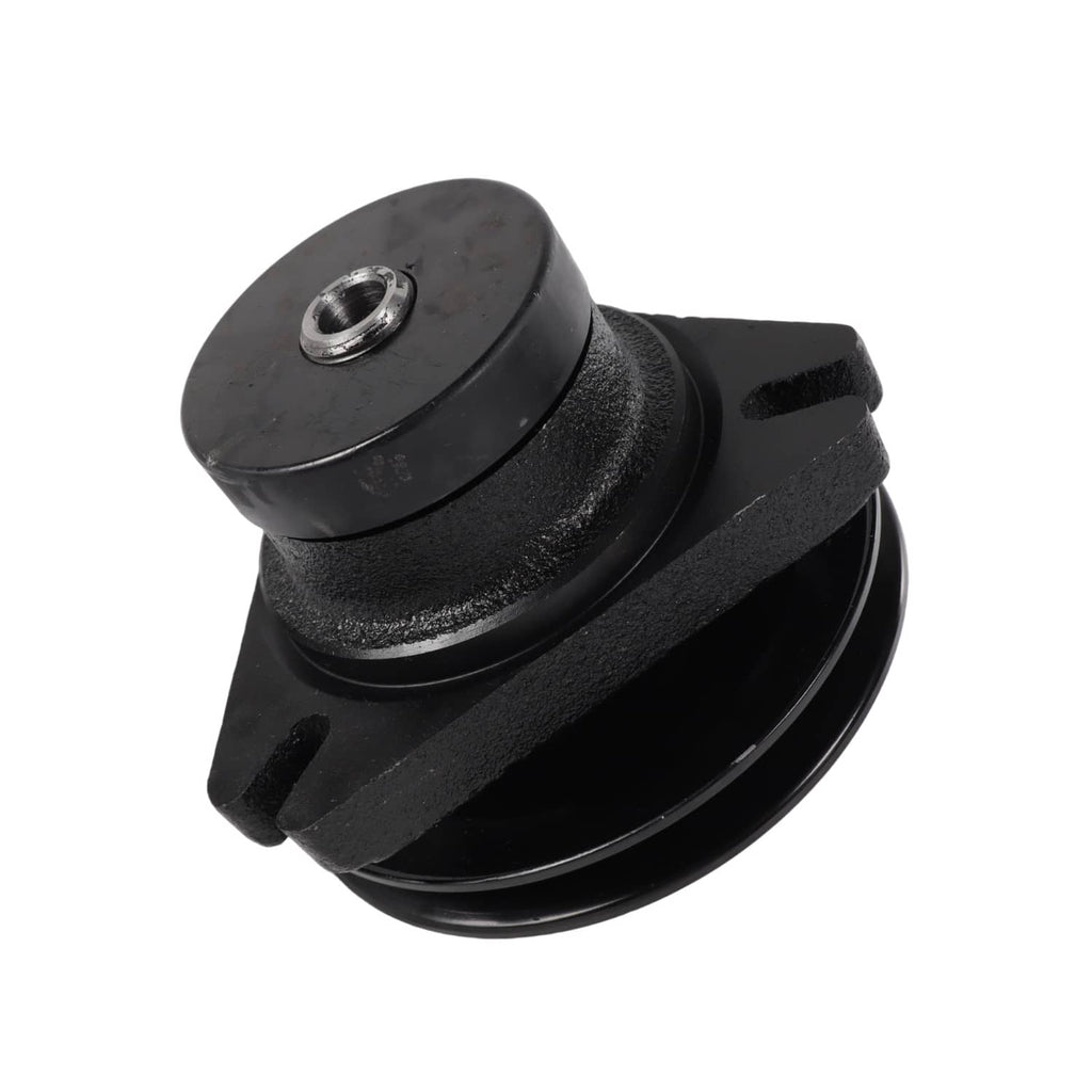 Black mower deck spindle with flanged belt-style pulley and threaded mounting hole