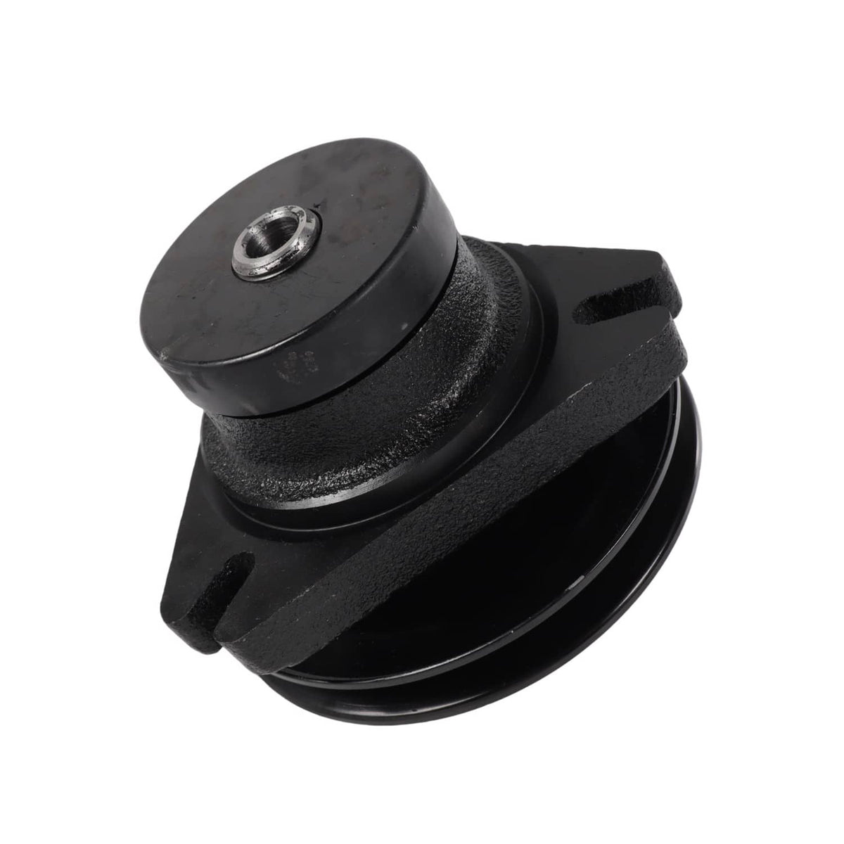 Black mower deck spindle with flanged belt-style pulley and threaded mounting hole