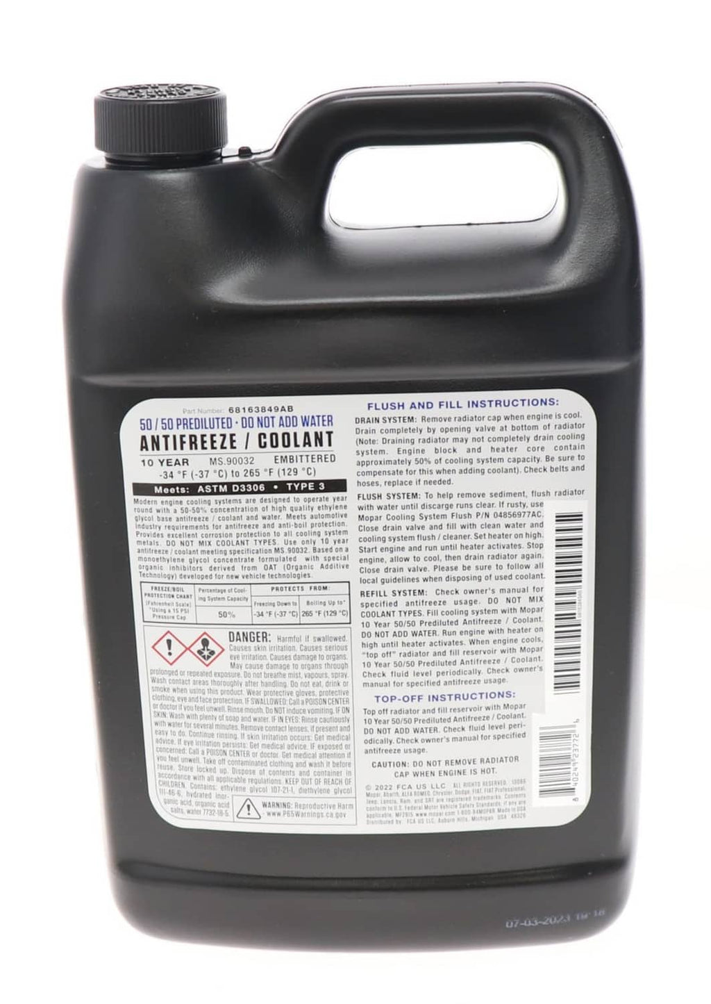 Mopar antifreeze coolant 50/50 premixed 1-gallon jug with back label