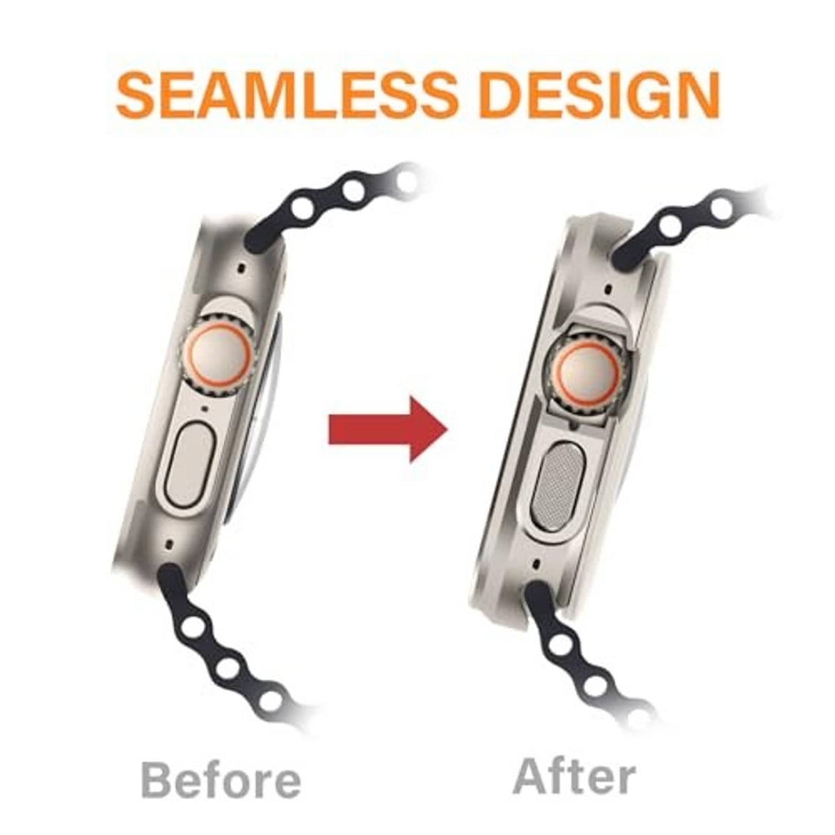 Natural titanium metal watch case with orange buttons, seam-free hinge design