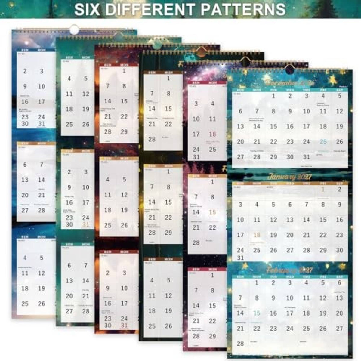 Assorted three-month calendar designs with different colorful pattern covers