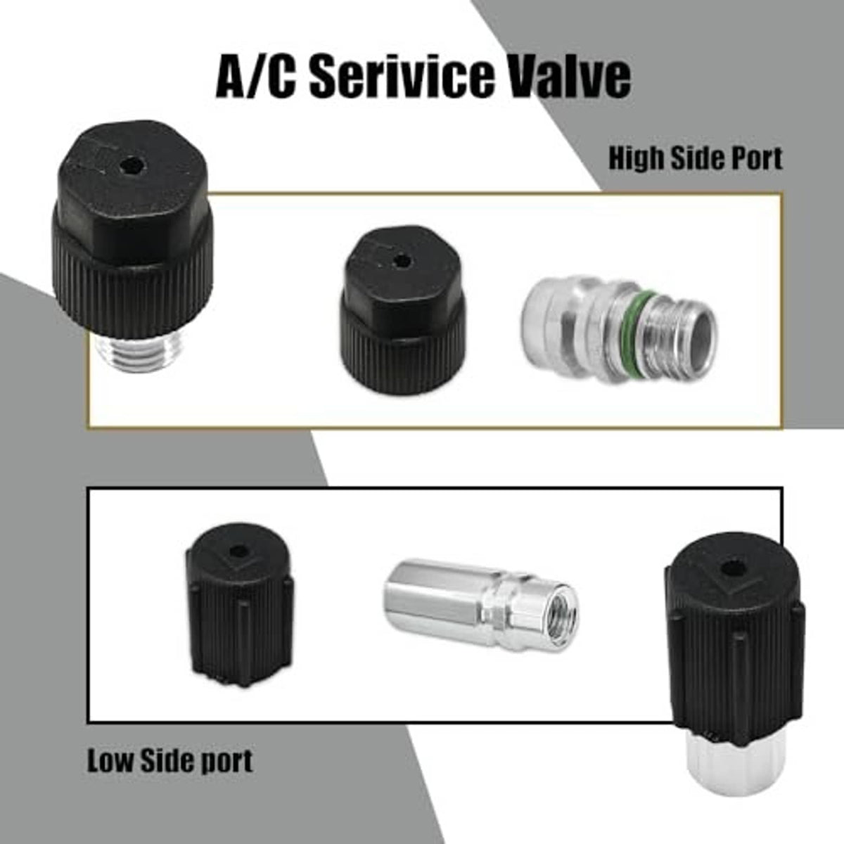 A/C service valve with two black protective caps and silver high/low side connector