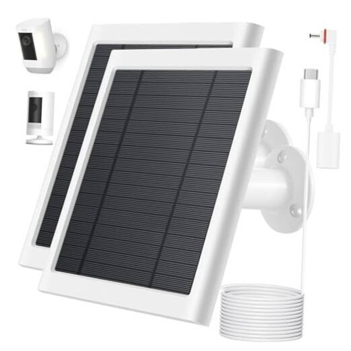 White solar panel charger with wall mount bracket and cable coil