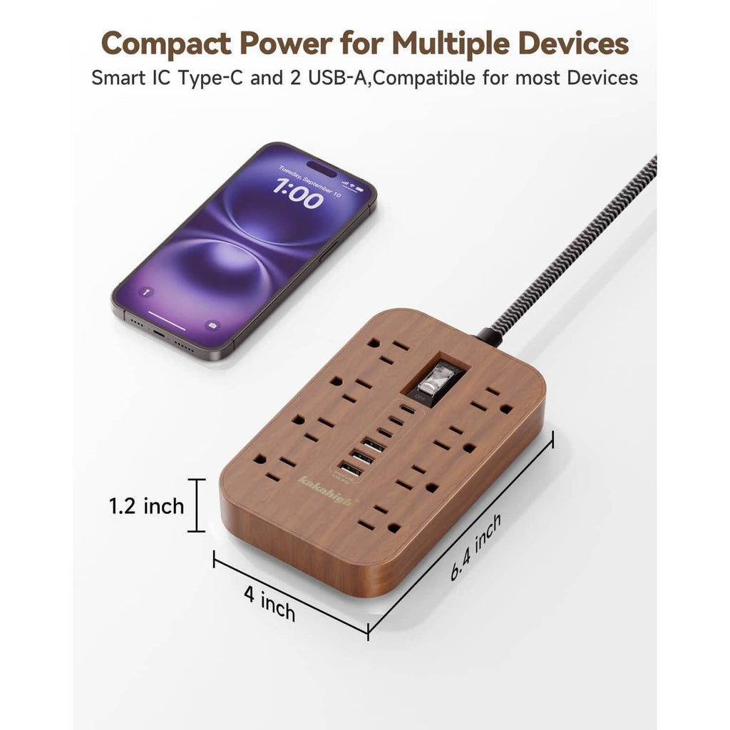 Compact brown power strip with wall outlets and USB-C/USB ports, flat plug