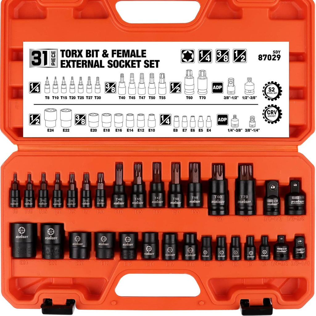 Torx bit socket set in orange case with 31 external bits and female sockets