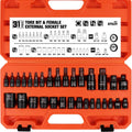 Torx bit socket set in orange case with 31 external bits and female sockets