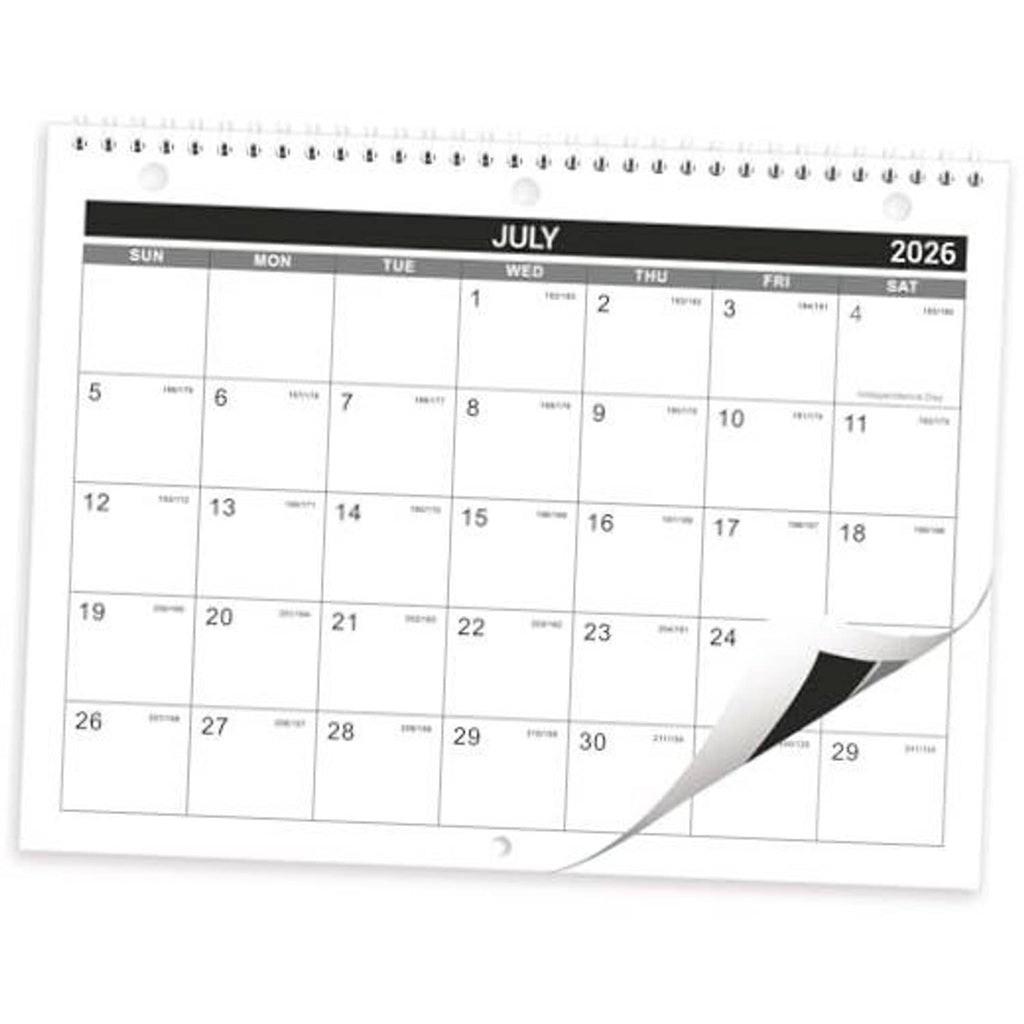 July 2026 wall calendar page, spiral-bound monthly grid with black header