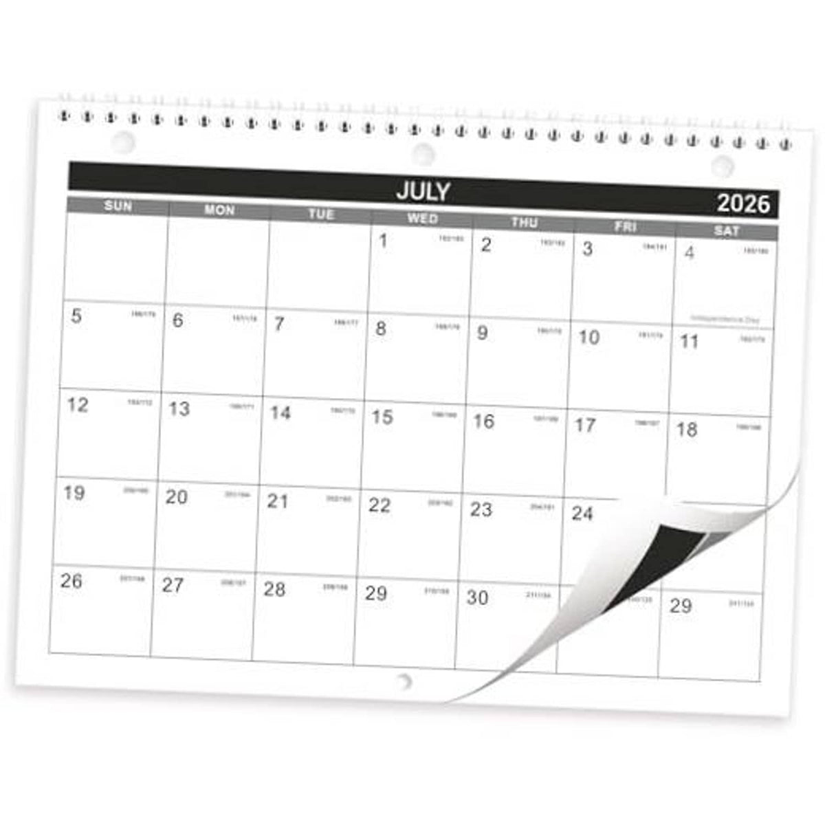 July 2026 wall calendar page, spiral-bound monthly grid with black header