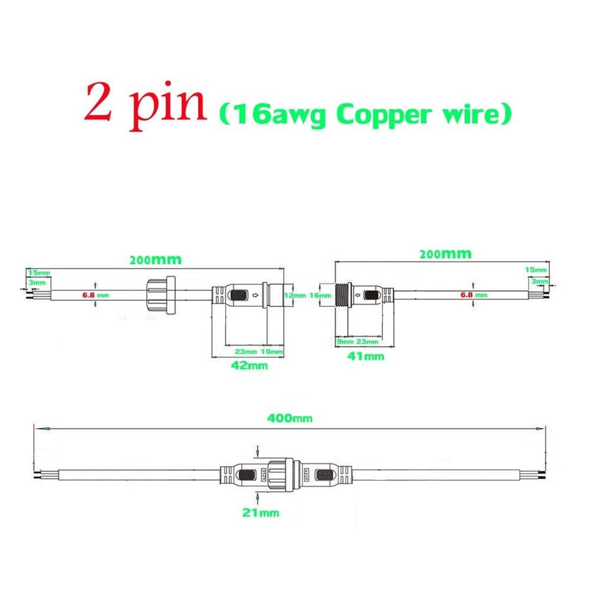 Waterproof 2-pin connector cable dimensions diagram, 400mm length