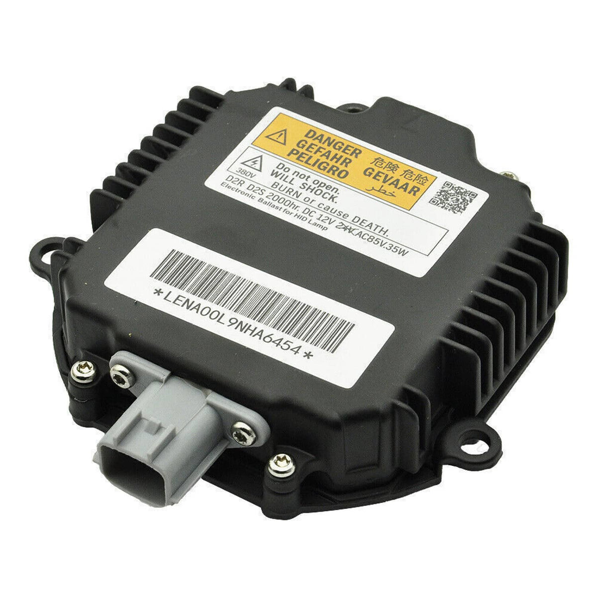 Black HID ballast igniter module with warning label and electrical connection ports