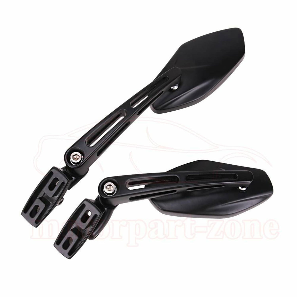 Black motorcycle rearview mirrors with blue-tinted lenses and perforated support arms