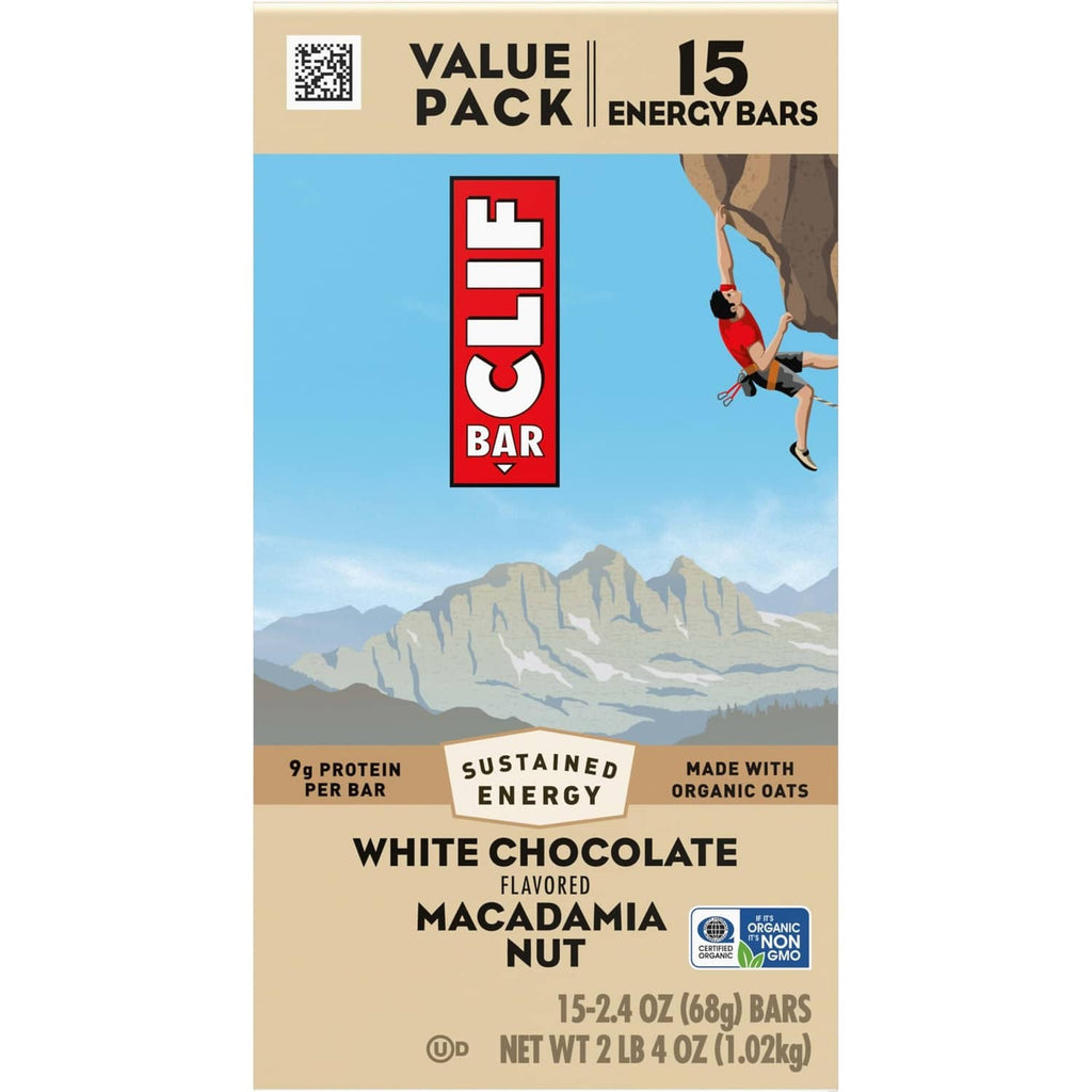 CLIF BAR Value Pack energy bars front, 15 bars, white chocolate macadamia nut