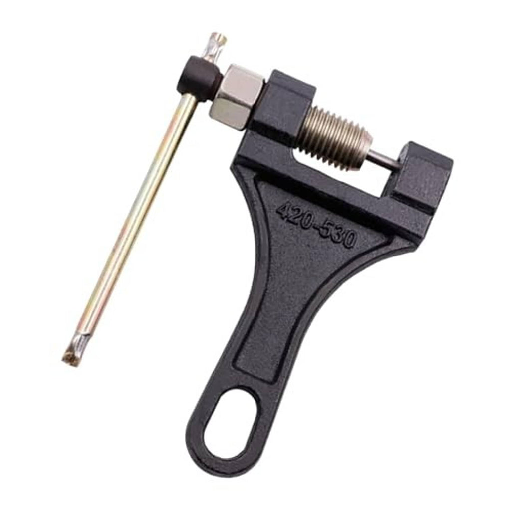Metal chain breaker tool with clamp jaws, threaded screw, and pull rod handle