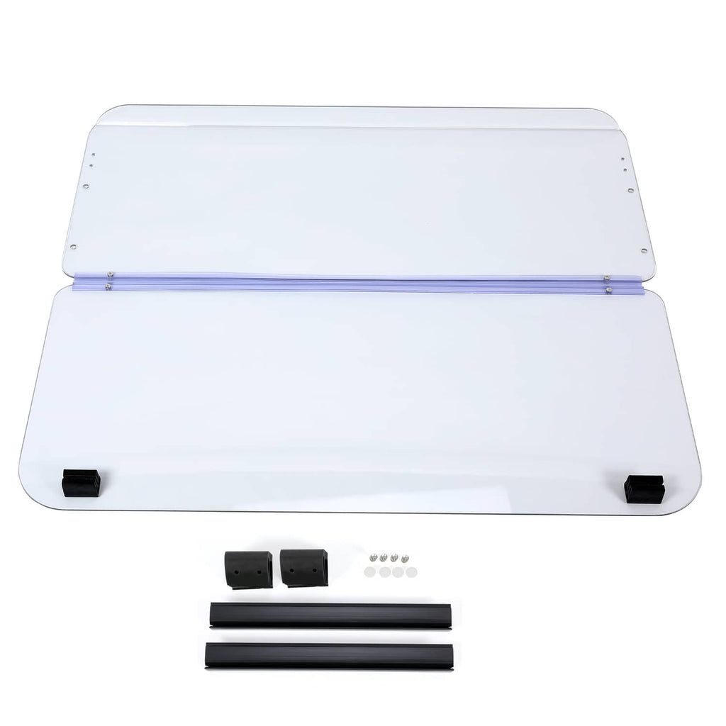 Clear folding golf cart windshield with black mounting brackets and hardware