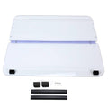 Clear folding golf cart windshield with black mounting brackets and hardware